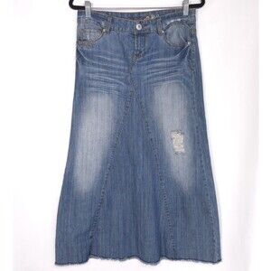 MUDD Jean Skirt Vintage Juniors 5 Faded Distressed Raw Hem Long Ankle Maxi Y2K